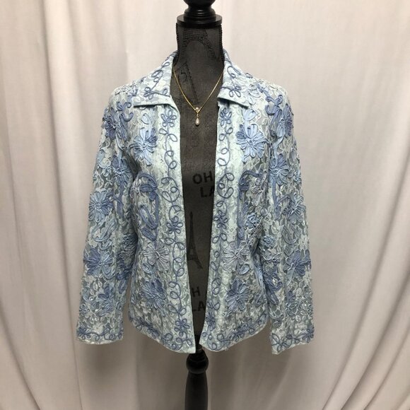 Coldwater Creek Jacket Womens Sz Medium Blue Lace Ribbon Flowers Open Blazer - Picture 1 of 7